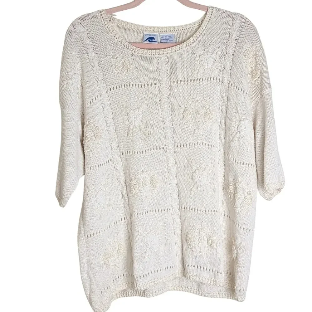 Vintage Cottagecore Cable Knit Embroidered Sweater Women's Oversized Large